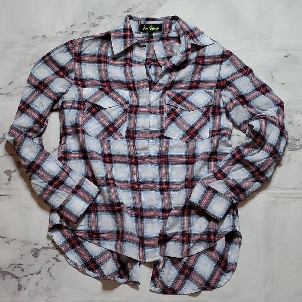 Sam Edelman Blue Plaid Button Up Shirt with Zipper Cold Shoulder